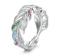 Enchanting 925 Sterling Silver Feather CZ Ring - Adjustable Band, Intricate Feather Design with Multicolor CZ Stones, Signifies Delicate Beauty and Freedom, (Size : Size8)