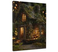 Enchanting Fairy Tale Cottage Canvas Wall Art, Green Brown Rustic House Decor, Magical Home Aesthetic for Living Room, Bedroom, Holiday Season, Illuminated Artwork 12x16 Inch