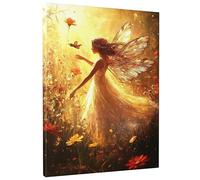 Enchanting Fairy Wall Art, Gold Floral Canvas Print, Magical Spring Decor for Living Room, Bedroom, Nursery, Unframed 8x12 Inch