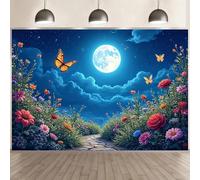 Enchanting flower field in the moonlight - with motifs of butterflies, blooming flowers and full moon elements made of polyester 440x300CM