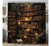 Enchanting Library Shower Curtain, Vintage Bookshelf Theme for Bathroom Décor, Cozy Autumn Inspired Elegant Waterproof Fabric Shower Curtain Set with Hooks 62x72 Inch