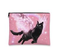 Enchanting Magical Horse Cat Makeup Bag, Magical Black Feline Sparkle Cosmetic Pouch, Portable Glittery Zipper Organizer, Ideal for Travel Gift in Spring, Peach, 7x9 Inch