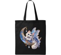 Enchanting white cat with fairy wings Natural Cotton Tote Bag Black