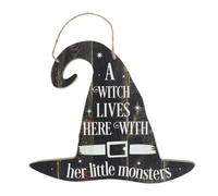 Enchanting Witch Hat Sign - 30cm x 35cm (1 Pc.) - "A Witch Lives Here with Her Little Monsters" - Whimsical MDF Hanging Decor - Perfect for Halloween & Everyday Charm