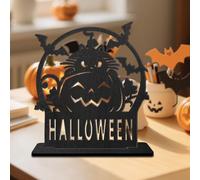 Enchanting Witch Statue - Metal 'Happy Halloween' Sentiment on Black Wood Base Halloween Pumpkins (Black, 16x18cm)