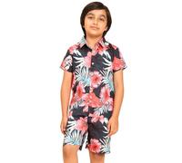 ENCIGER Boys Printed Casual Shirt Short Sleeve Button Down Beach Shirt for Kids (KS1_Navy Pink_8_9Y)