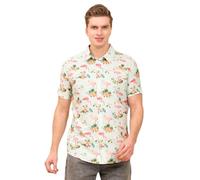 ENCIGER Men's Halloween Print Shirt Half Sleeve Casual Button Down - Spooky Skull & Pumpkin Design Party Shirt (MS1_Green Pink_L)