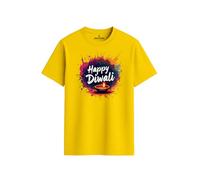 ENCIGER Regular Fit Happy Diwali Printed T-Shirt for Men | Festive Crackers and Diyas Design | Indian Festival of Lights Celebration Outfit for Family Gatherings Yellow, S