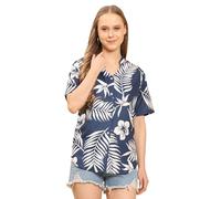 ENCIGER Womens Casual Shirt Soft Beach Shirts Floral Tropic Print V Neck T-Shirt Short Sleeve Button Up Tops (WMS1_Navy White_XXL)