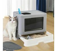 Enclosed Cat Litter Box with Top Entry, Pull-Out Drawer, Grey and White, Large Size, Transparent Window
