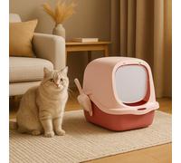 Enclosed Cat Litter Tray Box with Scoop - Covered Hooded Jumbo Litter Box with Flap Door - Detachable Lid for Easy Cleaning - Odour Control Portable Toilet for Large Cats & Kittens (Pink)