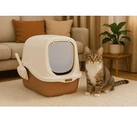 Enclosed Cat Litter Tray Box with Scoop - Covered Hooded Jumbo Litter Box with Flap Door - Detachable Lid for Easy Cleaning - Odour Control Portable Toilet for Large Cats & Kittens (Brown)