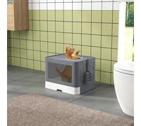 PawHut Cat Litter Tray with Hood Cat Litter Box with Brush, Front Entry, Top Exit, Removable Tray, Scoop, 48.5 x 38 x 36.5cm - Grey