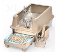 Enclosed Stainless Steel Cat Litter Box, Extra XL Large with Lid, Metal Litter Box with High Sided, Easy Clean, Odorless, Anti-Urine Leakage, Includes Scoop (Khaki)