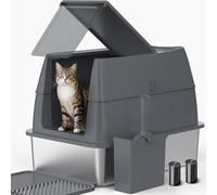 Enclosed Stainless Steel Cat Litter Box with Lid, FILP-Top High Sided Enclosure Metal Litter Boxs with Scoop Set for Big Cats, Non-Sticky, Anti-Leakage, Easy Cleaning,Transparent Grey