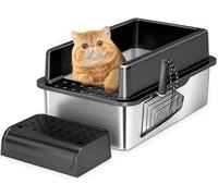Enclosed Stainless Steel Cat Litter Box with Lid, Metal Litter Box for Big Cats, High Sided Litter Box Extra Large Easy to Clean, Never Absorbs Odors, Anti-Urine Leakage(Black, 24 * 16 * 12IN)