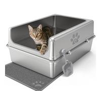 Enclosed Stainless Steel Cat Litter Box with Lid, Oversize Metal Litter Box for Multi Cats, Extra XXL Cat Toilet with High Side, Non-Stick, Anti-Leakage, Odorless, with Cat Litter Mat & Litter Scoop