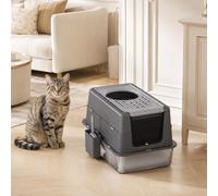 Enclosed Stainless Steel Cat Litter Box with Pull Out Drawer, 60*40*38.5CM | Large Space Cat Toilet with Activated Carbon Odour Filter, Anti Tracking Mat, 2 Tray Depth Options, Grey Black, Easy Clean