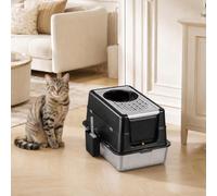 Enclosed Stainless Steel Cat Litter Box with Pull Out Drawer, 60*40*43.5CM | Large Space Cat Toilet with Activated Carbon Odour Filter, Anti Tracking Mat, 2 Tray Depth Options, Grey Black, Easy Clean