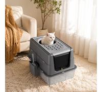 Enclosed Stainless Steel Cat Litter Box with Pull Out Drawer, 60*40*43.5CM | Large Space Cat Toilet with Activated Carbon Odour Filter, Anti Tracking Mat, 2 Tray Depth Options, Grey Black, Easy Clean