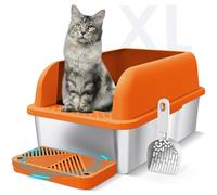 Enclosed Stainless Steel Litter Box with Lid Extra Large Litter Cat Box for Big Cats XL Metal Litter Pan Tray with High Sides Enclosure, Anti-Leakage, Easy Cleaning (Orange)