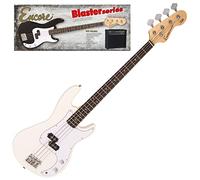 Encore Blaster E40 Bass Guitar Pack - Vintage White - Includes Guitar, Bag, Strap, Tuner, Amp and Accessories | Lightweight Solid Paulownia Body |Online Lessons Included | Perfect Beginner Bass Guitar