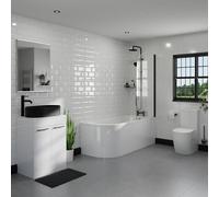 Encore Right Hand Curved Bathroom Suite including Countertop Basin and Gloss White Vanity Unit with Polished Chrome Handles | Matt Black | ABS Polished Chrome | 1700mm