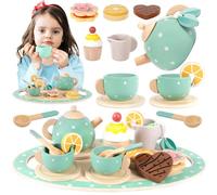 ENCOUN 17 Children's Wooden Tea Set Tea Set Wooden Toy Tea Party Play Kitchen Role Play Tea Set Children's Tea Service with Dessert, Children's Kitchen Accessories Gift for Children Girls Boys