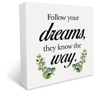 Encouraging Quote Wood Box Sign Desk Decor Rustic Follow Your Dreams They Know the Way Wooden Block Sign Home Kitchen Office Cafe Desk Decor Gifts Desk Shelf Table Decor 5x5 Inch