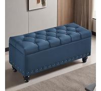End of Bed Bench with Storage, Solid Wood Frame, Technical Fabric Upholstery, Sturdy Legs, Hidden Storage, High-resilience Foam Filling, Suitable for Bedrooms(Blue,100*40*45cm/39*16*18in)