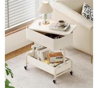 End Table with Storage Basket Small Side Table Metal Coffee Tables Bedside Table with Wheels Nightstand for Small Space Home(White)