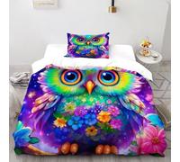 EndCined Owl Flowers Bedding Set 3D Digital Printing Animal Theme Wildlife Duvet Cover Set 2 Pieces Chic Breathable Comforter Cover for Boys & Girls with Pillowcase Single(135x200cm)