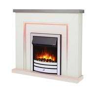 Endeavour Fires Bempton 42" Electric Fireplace Suite with Flame Effect & Coal Bed, Remote Control, Custom Surround, 13-Colour LED Lighting, Eco Heater, Grey Top/White Hearth/Chrome Fire