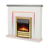 Endeavour Fires Bempton 42" Electric Fireplace Suite with Flame Effect & Coal Bed, Remote Control, Custom Surround, 13-Colour LED Lighting, Eco Heater, Grey Top/White Hearth/Brass Fire