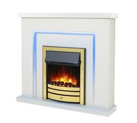 Endeavour Fires Bempton 42" Electric Fireplace Suite with Flame Effect & Coal Bed, Remote Control, Custom Surround, 13-Colour LED Lighting, Eco Heater, White Top/White Hearth/Brass Fire