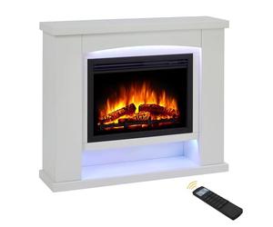 Endeavour Fires Ebberston 39'' Electric Fireplace Suite and Realistic Flame & Log Effect Fire, 13 Colour LED Lighting Remote Control In an Off White Fireplace Surround with Plinth