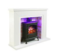 Endeavour Fires Farlington Electric Fireplace, Black Log Burner Stove in 48’’ Off White Surround, LED Downlights with Remote Control (White Top/Red Brick)