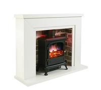 Endeavour Fires Farlington Electric Fireplace, Black Log Burner Stove in 48’’ Off White Surround, LED Downlights with Remote Control (White Top/Grey Brick)