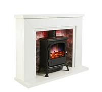 Endeavour Fires Farlington Electric Fireplace, Black Log Burner Stove in 48’’ Off White Surround, LED Downlights with Remote Control (White Top/Rustic Brick)