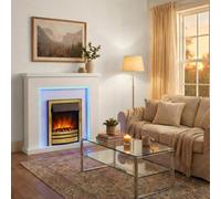 Endeavour Fires & Fireplaces Bempton Electric Fireplace Suite - White Top, White Hearth, Brass Fire.