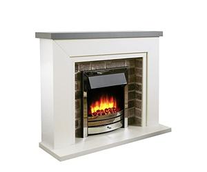 Endeavour Fires Flamborough 48” Electric Fireplace Suite with Surround, Realistic Flame Effect, 1-2kW Eco Heater, 7-Day Programmable Remote & 3D Brick Back Panel (Grey Top/Chrome Fire)