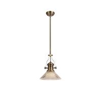 Endeavour Single Ceiling Pendant Light - Antique Brass with Clear Ribbed Cone Glass