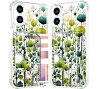 ENDIY Compatible with Phone 17 Case Card Holder for Women Cute Design,Wallet Phone Cases Transparent Cool Kawaii Protective (Clear Green Flower Leaves Buds)