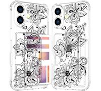 ENDIY Compatible with Phone 17 Case Card Holder for Women Cute Design,Wallet Phone Cases Transparent Cool Kawaii Protective (Clear Black Henna Flower)