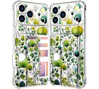 ENDIY Compatible with Phone 17 Pro Max Case Card Holder for Women Cute Design,Wallet Phone Cases Transparent Cool Kawaii Protective (Clear Green Flower Leaves Buds)