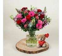 Endless Devotion Fresh Flower Bouquet With Love Bear Gift Set, Romantic Mixed Roses And Seasonal Blooms, Hand-Tied Arrangement For Valentine’s Day, Anniversary And Birthday, Gift For Her