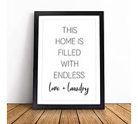 Endless Love And Laundry Typography Framed Wall Art Picture Print - Canvas Painting - Modern Home Décor Poster - Ready to Hang for Living Room Bedroom Kitchen - Black A3 (36 x 48 cm)