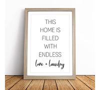 Endless Love And Laundry Typography Framed Wall Art Picture Print - Canvas Painting - Modern Home Décor Poster - Ready to Hang for Living Room Bedroom Kitchen - Oak A4 (27 x 36 cm)