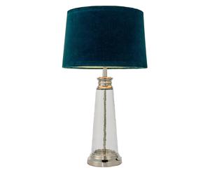 Endon 90545 Winslet 1lt Table Clear hammered glass & bright nickel plate with teal velvet 40W E27 GLS (Required)