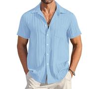 EndoraDore Mens Button Down Shirts Summer Beach Shirt Casual Short Sleeve Loose Fit Textured Tops with Pocket Light Blue M